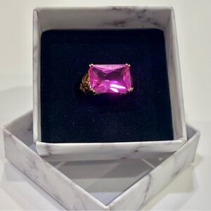 Elegant 14k Gold Plated Silver Ring with Large Pink Rectangle Gemstone, Size 6